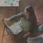 Аня за работой. Бумага, пастель, 43 х 51, 2026 г. | Anna at work. Paper, pastel, 43 x 51, 2026.